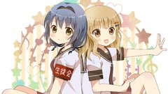 Blondes blue hair anime girls school uniforms yellow eyes 