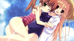 Blondes blush long hair anime girls green eyes brunettes wink 