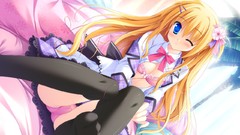 Blondes long hair anime girls blue eyes wink bra game cg 