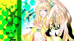 Blondes long hair anime girls blue eyes wink ponytails open 