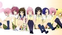 Blondes skirts blue hair pink hair anime girls closed eyes 