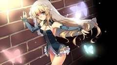 Blondes sleeves long hair anime girls blue eyes cleavage brick 