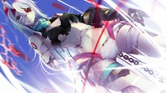 Blood Robots navel white hair chains long hair anime girls blue 