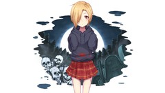 Blood white background cemetery tombstones blondes skirts anime 