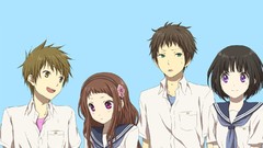 Blue background long hair pink eyes anime girls green eyes 