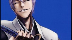 Blue background white hair Swords smiling closed eyes bleach 