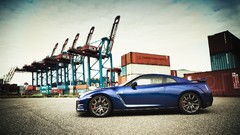 Blue cars Nissan GT-R R35 dockyard