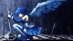 Blue dark weapons wings gloves Swords skirts blue hair anime 