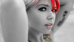 Blue eyes lips tattoos piercings models selective coloring 