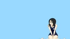 Blue glasses blue background sitting anime girls green eyes 