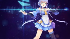 Blue hair long hair blue eyes vocaloid bare shoulders twintails 