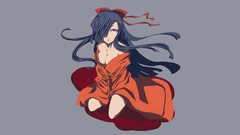 Blue hair pink eyes mirai nikki hair bow cleavage hair ribbons 