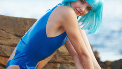 Blue hair see-through sitting