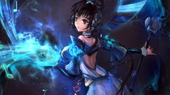 Blue headphones dress microphones long hair anime girls glowing 