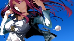 Blue headphones pink hair long hair pink eyes anime girls 