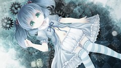 Blue keys dress cogwheel navel Ribbons blue hair long hair 