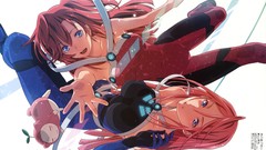 Blue red woman Anime Manga pink hair smiling long hair blue 