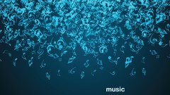Blue text Music Symbols blue background falling musical notes