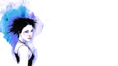 Blue white woman black hair Water Colors