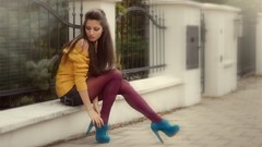 Blue white woman Shoes fences legs brunettes Miobi