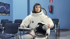 Blue woman funny faces NASA desks posters brunettes space suits 