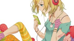 Blue woman headphones white background gloves Spotted stripes 