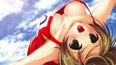 Blush anime girls green eyes skies open mouth cleavage no bra 