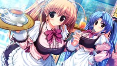 Blush blue hair long hair anime girls brown eyes waitress 