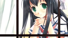 Blush long hair green eyes brunettes seifuku amesarasa 