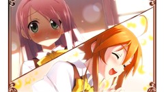 Blush pink hair anime girls green eyes school uniforms laughing 