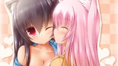 Blush pink hair long hair black hair nekomimi animal ears yuri 