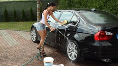 BMW outdoors brunettes models denim shorts high heels Kristina 