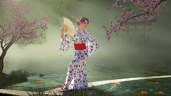 Boardwalk cherry blossoms pond