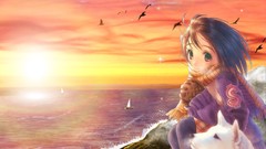 Boats Anime seagulls anime girls sea shorelines