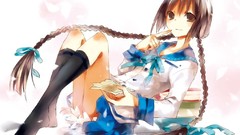 Books anime girls school uniforms braids artwork knee socks 