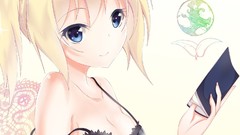 Books blondes anime girls blue eyes reading bra sana cleavage 