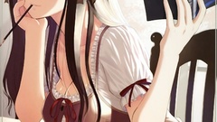 Books chairs dress bows desks anime girls reading brown eyes 