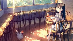 Books chairs long hair anime girls reading yellow eyes black 