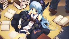 Books feathers dress armor sitting floor helmets belts blue 