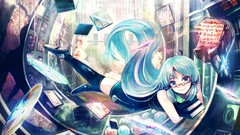 Books glasses dress stockings blue hair smiling long hair anime 