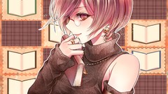 Books glasses Jewelry rings earrings anime girls brown eyes 