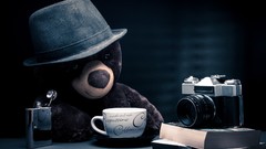 Books hats blue background Cameras still life flasks teddy 
