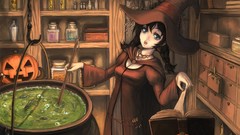 Books hats Halloween pumpkins anime girls witches potion tiaras