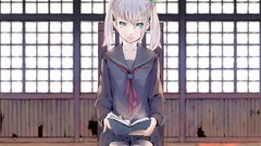 Books parody white hair sitting anime girls school uniforms 