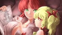 Books red eyes blondes anime girls reading green eyes short 