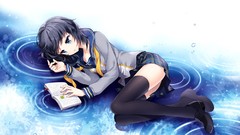 Books Shoes Ribbons skirts long hair anime girls blue eyes 