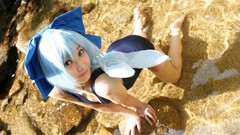 Bows blue hair short hair models touhou cirno cosplay hair 