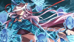 Bows fans shirts masks skirts pink hair long hair gray eyes 