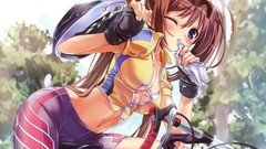 Brown anime girls blue eyes cleavage twintails bikini top bike 