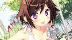 Brown anime girls short hair purple eyes cleavage no bra The 